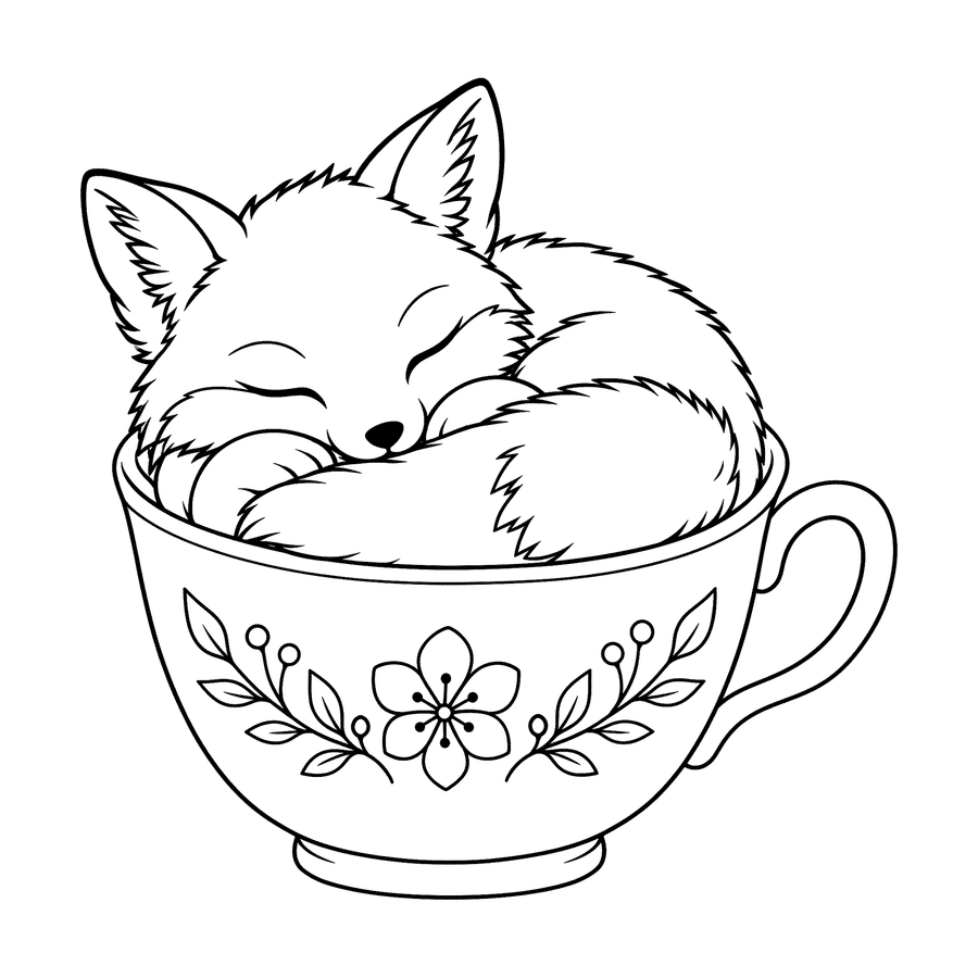 Line art of a sleeping fox curled up inside a floral teacup