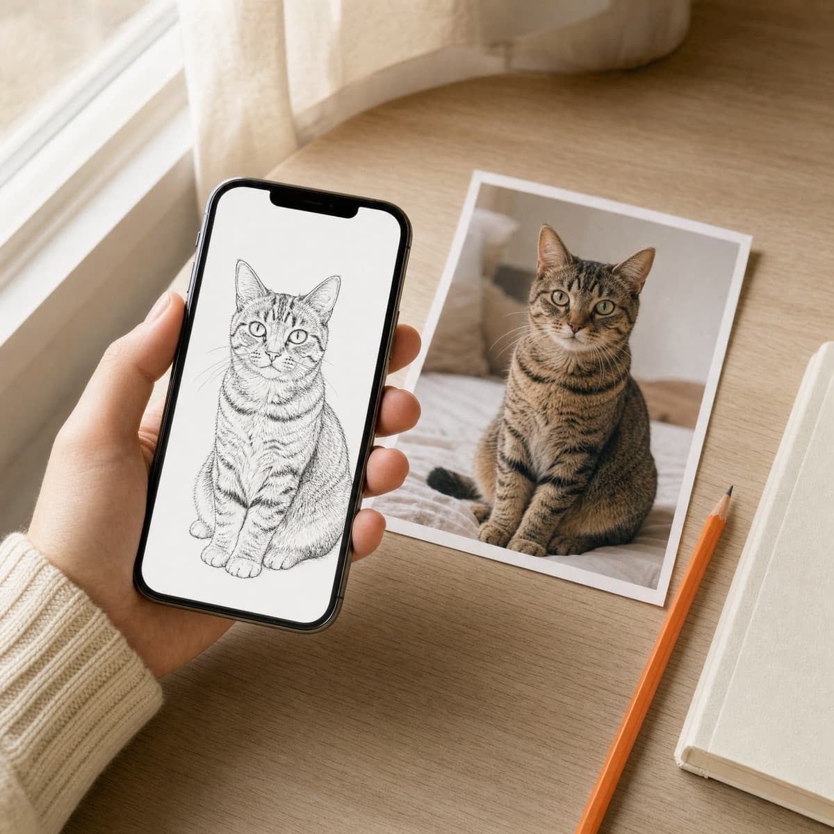 A hand holds an iPhone showing a clean line drawing of a tabby cat next to the original photo