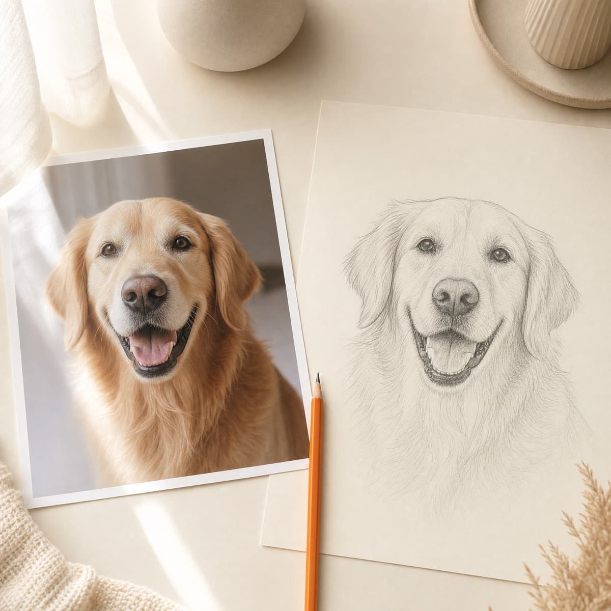 A photo of a smiling golden retriever beside a pencil sketch of the same dog