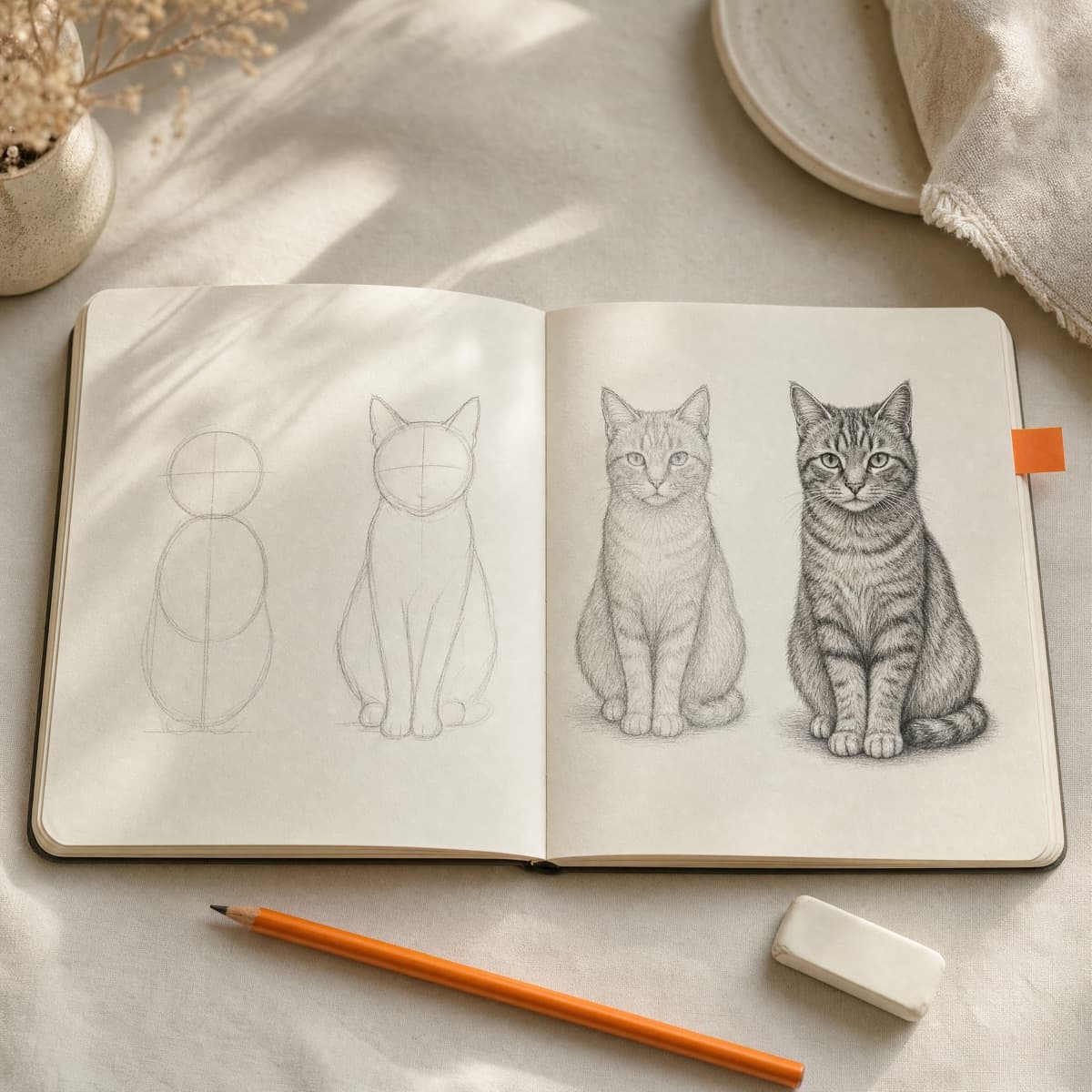 A sketchbook showing a cat drawn in four stages, from basic shapes to a finished drawing