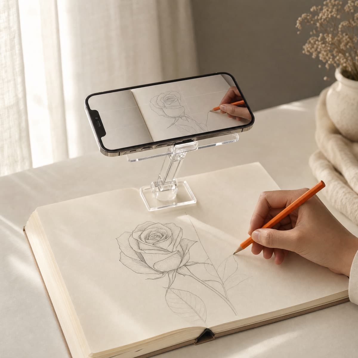 An iPhone on a clear stand shows a rose guide over the live camera while a hand traces the rose into a sketchbook below